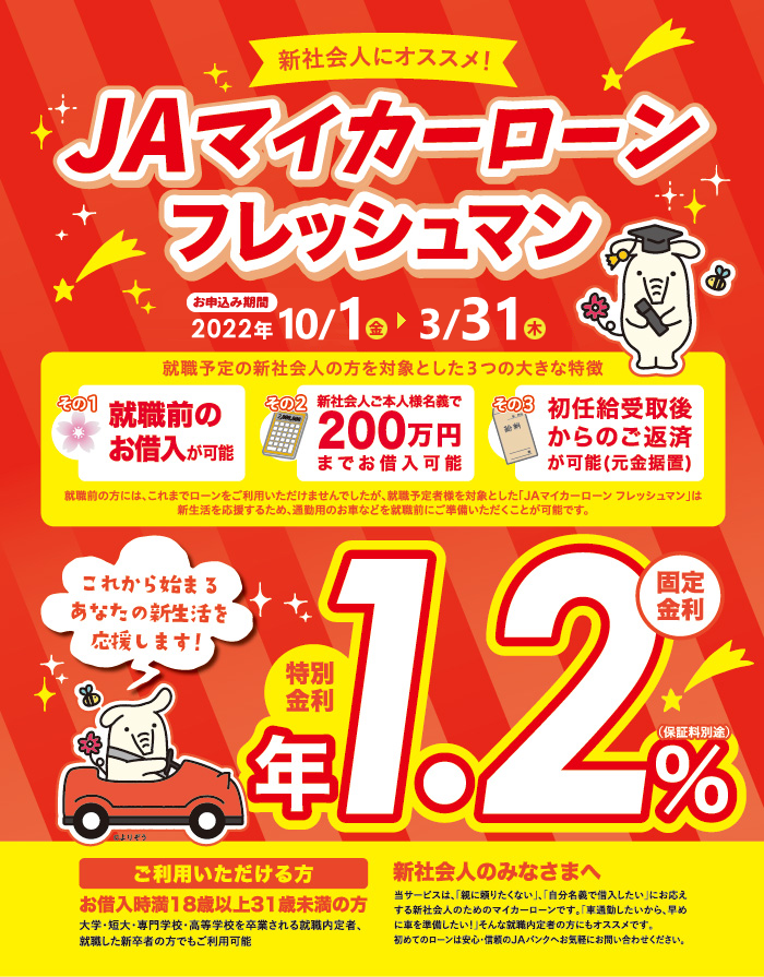 マイカーローンフレッシュマン 2021年10月1日(金)~2022年3月31日(木)
