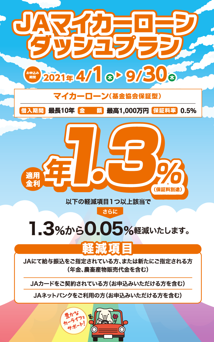マイカーローンダッシュプラン 2021年4月1日(木)~2021年9月30日(木)